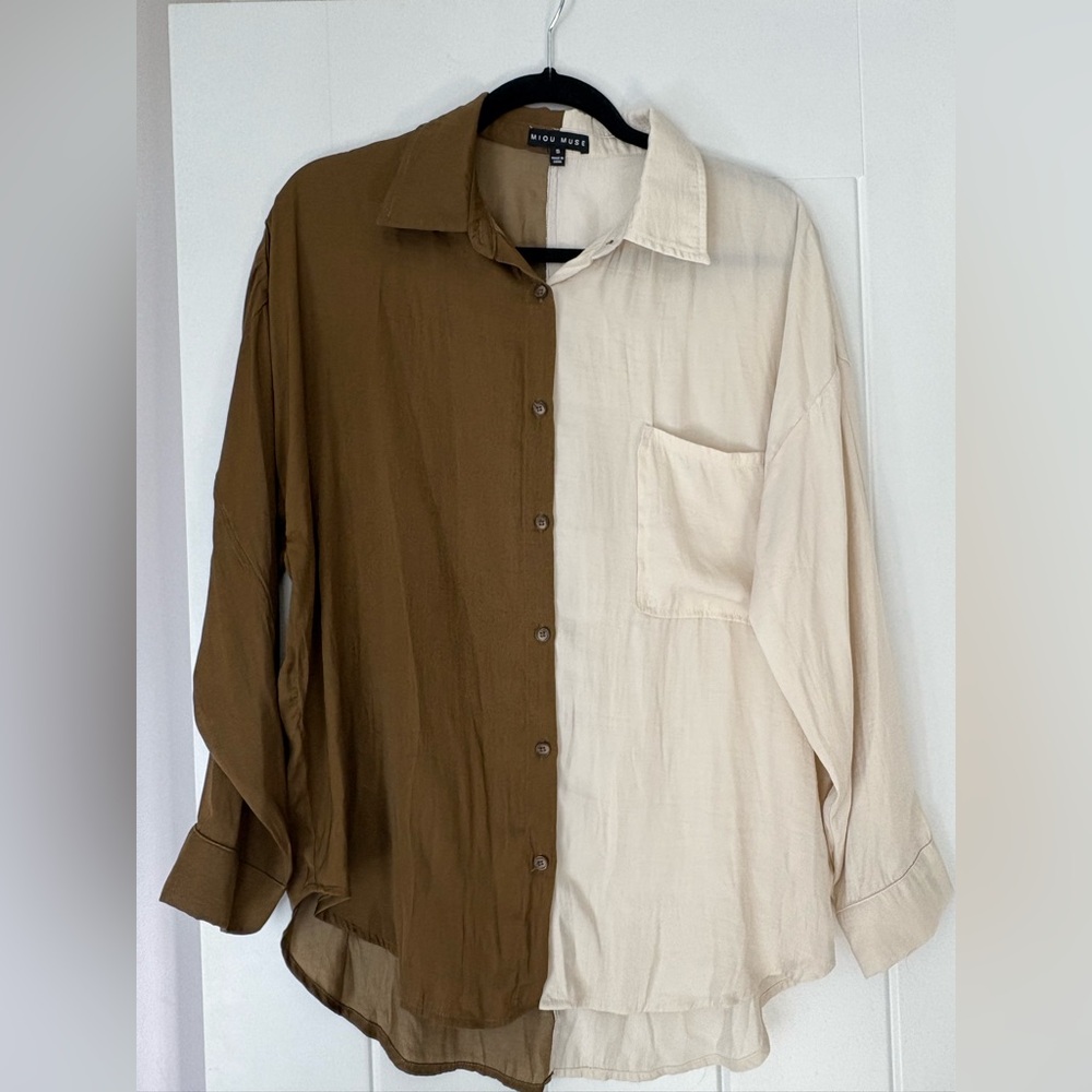 Two-Tone Brown and Cream Blouse